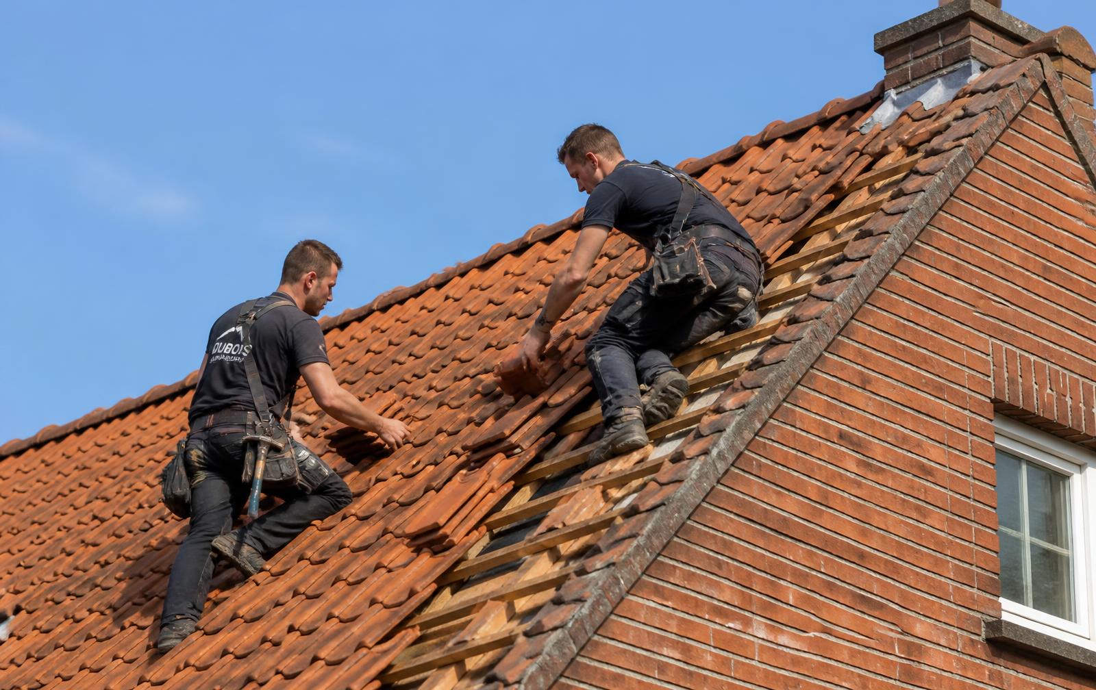 Twee dakwerkers plaatsen dakpannen op een hellend dak van een Belgische woning